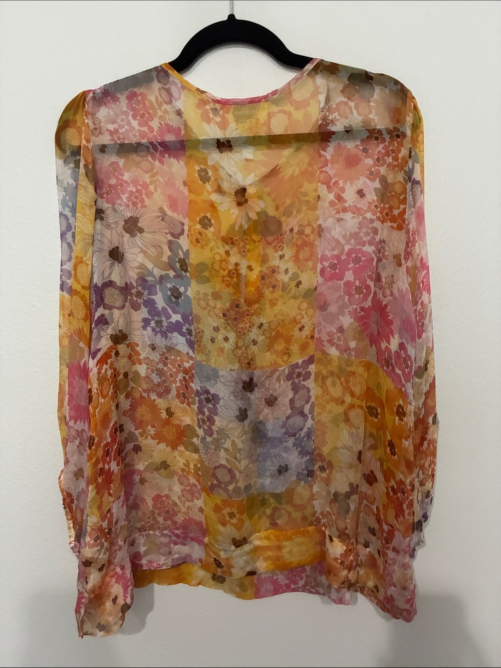 Johnny Was Jade Silk Becky Sheer Floral Tie-Neck Blouse in Yellow and Pink - Picture 9 of 10